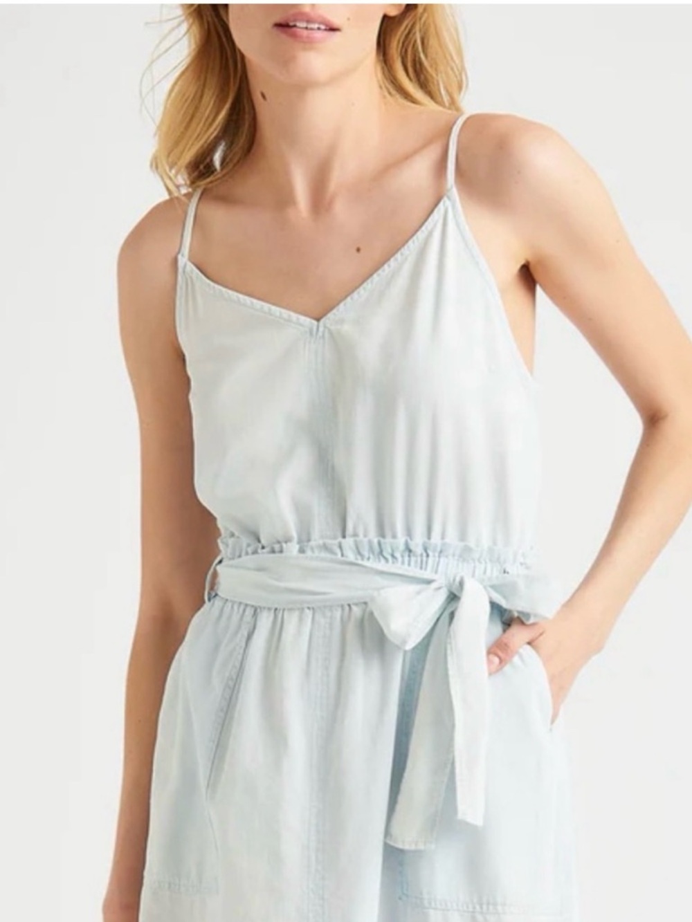 Splendid Pale Blue/White Distressed Look Sleeveless Mini Dress with Waist Tie